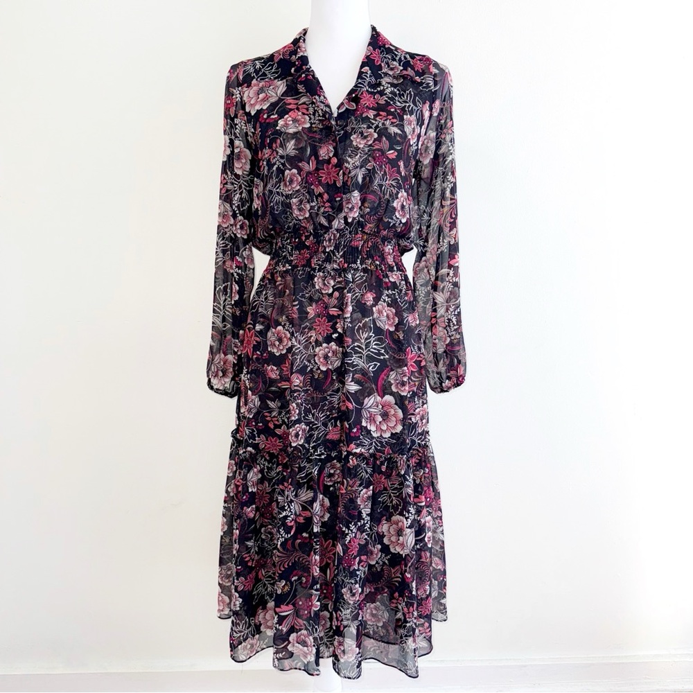 MISA MAYLI BLACK PINK WHITE FLORAL PRINT LONG SLEEVE COLLARED BUTTON UP DRESS